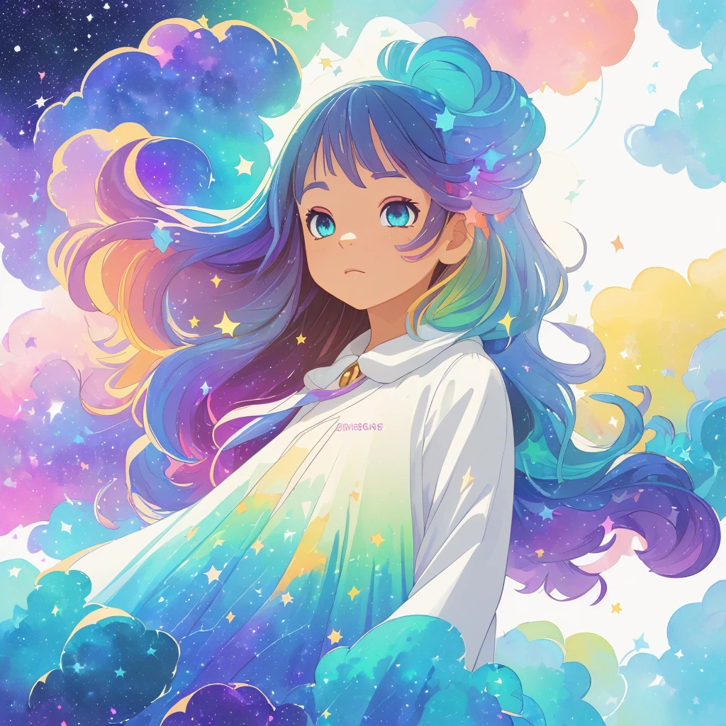 ((masterpiece)), (((best quality))), ((ultra-detailed)), ((illustration)),[realism light effect],shadow,(Fantasy style),(white background:1.6), simple background, (earth theme),(a cloak)[(hair focus,((1girl)),[(big slime hair): (cloud hair):0.3], (hair on background),(high saturation),(hair surrounded by galaxy splashes),)):((her hair is becoming galaxy clouds,:1.27628), (hair and clothes is galaxy clouds and cluster of stars:1.1025),(a cloak is becoming galaxy clouds)(colorful_galaxy_print_clusters_of_stars_print:1.35),((detailed starry sky with colorful galaxy and galaxy clouds):1.2)):0.35], (((masterpiece))),(((best quality))),((ultra-detailed)),(illustration),(dynamic angle),((floating)),(paint),((disheveled hair)),((beautiful detailed face)),collar,bare shoulders, ((colorful hair)),((streaked hair)),beautiful detailed eyes,(Gradient color eyes),(((colorful eyes))),(((colorful background))),(((high saturation))),(((surrounded by colorful splashes))),(((surrounded by colorful dot))),colorful bubble,((shining)),((Teachers who teach in schools)(Wear a government shirt)),