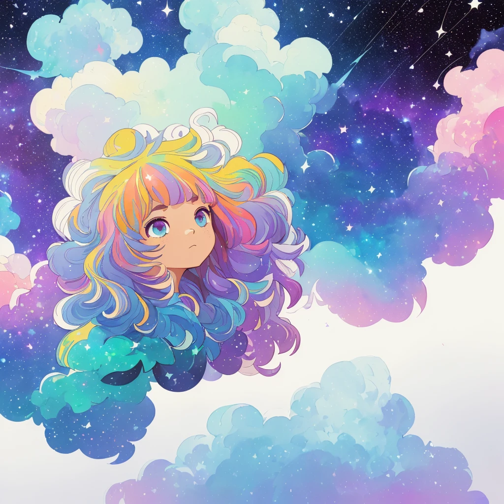 ((masterpiece)), (((best quality))), ((ultra-detailed)), ((illustration)),[realism light effect],shadow,(Fantasy style),(white background:1.6), simple background, (earth theme),(a cloak)[(hair focus,((1girl)),[(big slime hair): (cloud hair):0.3], (hair on background),(high saturation),(hair surrounded by galaxy splashes),)):((her hair is becoming galaxy clouds,:1.27628), (hair and clothes is galaxy clouds and cluster of stars:1.1025),(a cloak is becoming galaxy clouds)(colorful_galaxy_print_clusters_of_stars_print:1.35),((detailed starry sky with colorful galaxy and galaxy clouds):1.2)):0.35], (((masterpiece))),(((best quality))),((ultra-detailed)),(illustration),(dynamic angle),((floating)),(paint),((disheveled hair)),((beautiful detailed face)),collar,bare shoulders, ((colorful hair)),((streaked hair)),beautiful detailed eyes,(Gradient color eyes),(((colorful eyes))),(((colorful background))),(((high saturation))),(((surrounded by colorful splashes))),(((surrounded by colorful dot))),colorful bubble,((shining)),((Teachers who teach in schools)(Wear a government shirt)),