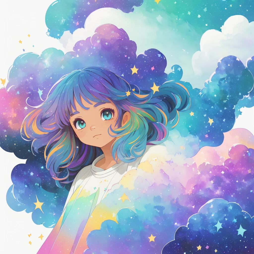 ((masterpiece)), (((best quality))), ((ultra-detailed)), ((illustration)),[realism light effect],shadow,(Fantasy style),(white background:1.6), simple background, (earth theme),(a cloak)[(hair focus,((1girl)),[(big slime hair): (cloud hair):0.3], (hair on background),(high saturation),(hair surrounded by galaxy splashes),)):((her hair is becoming galaxy clouds,:1.27628), (hair and clothes is galaxy clouds and cluster of stars:1.1025),(a cloak is becoming galaxy clouds)(colorful_galaxy_print_clusters_of_stars_print:1.35),((detailed starry sky with colorful galaxy and galaxy clouds):1.2)):0.35], (((masterpiece))),(((best quality))),((ultra-detailed)),(illustration),(dynamic angle),((floating)),(paint),((disheveled hair)),((beautiful detailed face)),collar,bare shoulders, ((colorful hair)),((streaked hair)),beautiful detailed eyes,(Gradient color eyes),(((colorful eyes))),(((colorful background))),(((high saturation))),(((surrounded by colorful splashes))),(((surrounded by colorful dot))),colorful bubble,((shining)),((Teachers who teach in schools)(Wear a government shirt)),