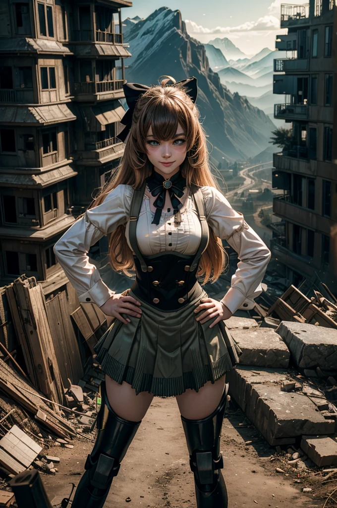 cowboy shot, dynamic pose, smile,  underbust, Penny Polendina, long hair, neck ribbon, suspender skirt, corset, black bow, white blouse, mechanical legs, neon trim, standing in city ruins on hill, in valley, hand on hip, BREAK mountains in background, waterfall, crowd, (crowd in military uniform), bonfires, post-apocalypse, dystopian future, (volumetric lighting), intricate details, tonemapping, sharp focus, hyper detailed, 

