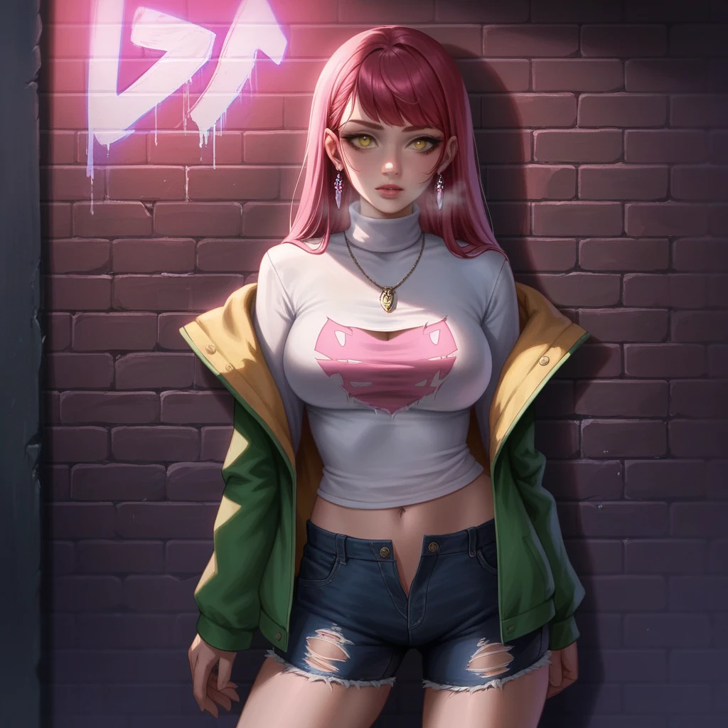 (masterpiece, best quality, masturbating girl, solo, intricate details, chromatic aberration), realistic, ((medium breath)),long hair, red hair, red decoration on the head, pink highlights, amber eyes, earrings, sharp eyes, necklace, neon shirt, ripped shorts, unbuttoned jacket, turtleneck, night, against the wall, brick wall, graffiti, dim lighting, alley, look at the viewer