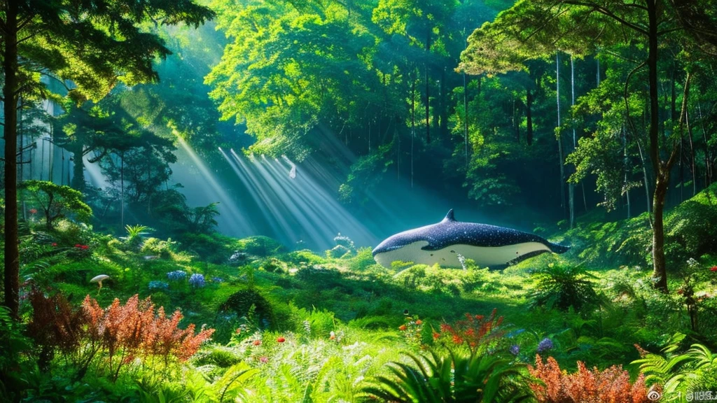 A surrealistic panoramic forest landscape with a small whale swimming through the forest. The whale is partially obscured by tall trees and is not in the center of the image, appearing much smaller and less prominent in the scene. Sunlight filters through the tree canopy, creating beautiful light beams and light effects similar to how light penetrates water. The forest floor is covered with lush greenery, ferns, and wildflowers, with some small animals like deer and birds curiously observing the whale. The colors are rich and vibrant, with an enchanting mix of green, blue, and gold. The atmosphere is magical and dreamy, evoking a sense of calm and wonder. The perspective is wide, capturing the expansive beauty of the forest as if it were a painting.