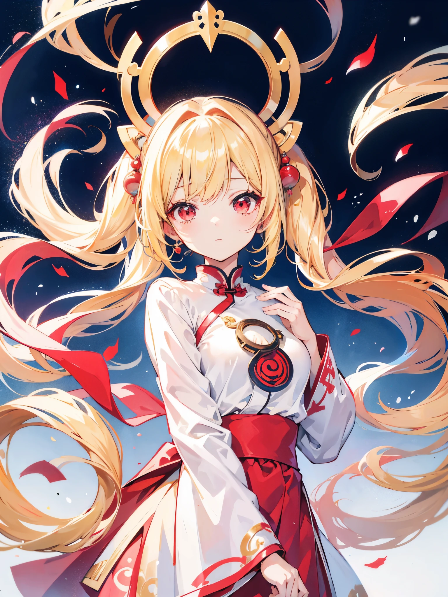 Beige Hair、Half Twin Tail、Very long hair、Shiny Hair、high quality、Red eyes、Anime girl in Chinese clothing, an anime drawing by Puru, Pixiv, Rasquash, , change in dress, Enchanting anime girl, change, Anime Style, blonde anime girl with long hair, Anime Best Girl, top rated on Pixiv, Anime Goddess、Simple Background、White Background、Plain