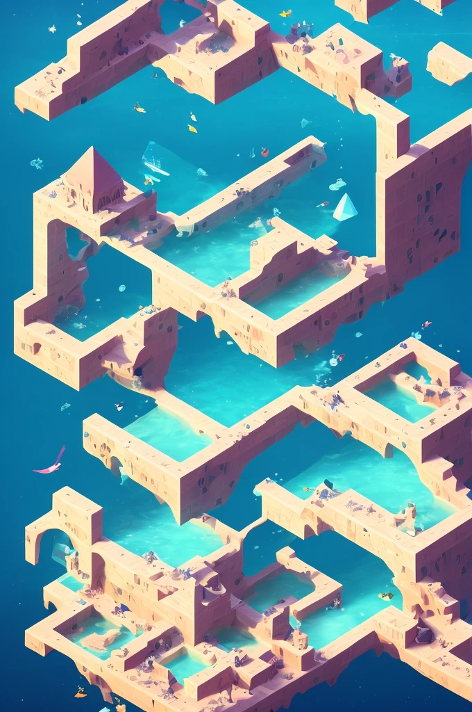 A cube,3 penguins looking for a treasure chest on a puzzle map,Beautifully sophisticated,Sea view,iceberg,Creative scene design,trending on Art Station, Monument Valley, Level Design, Low Poly, Isometric Art, 3D Art, High Detail, Art Station, Concept Art, behance, Ray Tracing, Smooth, Clear focus, Ethereal Lights