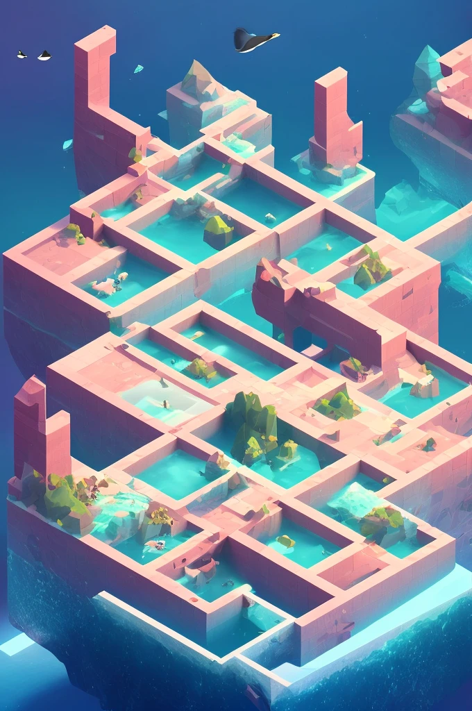 A cube，3 penguins looking for a treasure chest on a puzzle map,Beautifully sophisticated，Sea view，iceberg，Creative scene design，trending on Art Station, Monument Valley, Level Design, Low Poly, Isometric Art, 3D Art, High Detail, Art Station, Concept Art, behance, Ray Tracing, Smooth, Clear focus, Ethereal Lights