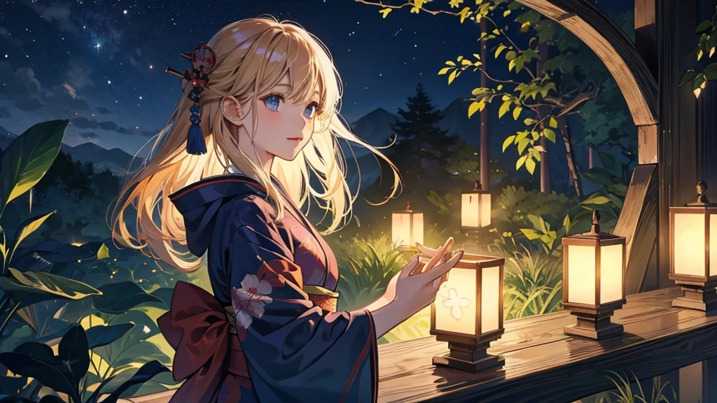 Highest quality、Detailed drawing、Fantasy、日本のnight、Deep in the forest、night、Firefly Light、A girl in a kimono points her palms towards the sky