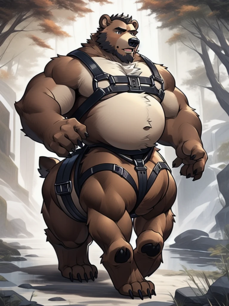 brown bear, furry, fur taur, beartaur, middle-age, detailed face, bear ears, bear eyes(brown), bear nose(black), bear mouth, garibaldi beard(white), hair(white), detailed arms, strongest, hands(5 fingers), detailed body belly, muscle belly(white), chest harness, detailed taur body, topcoat covering body, bear paws, bear tail