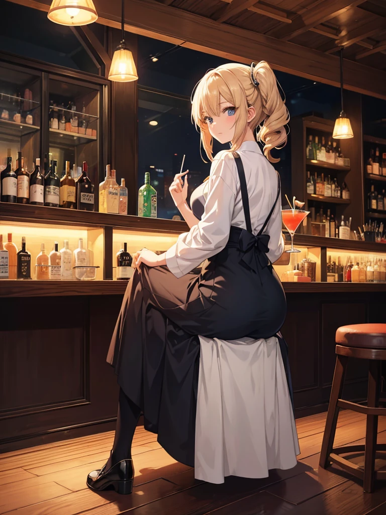 look back女, Long skirt, Anime style painting, An illustration, liquor, Woman sitting at a bar drinking a cocktail, look back, Looking over one's shoulder, Small face, 背景の棚には多彩な色のliquor瓶が並んでいる, Quiet bar, Calm expression, Perfect hands, elder, Red Hair, The dignity of a 50-year-old, ほろ酔いのwoman, solo、(Highly detailed background:1.0)、(Highly detailed background:1.0)、masterpiece、Highest quality、(Babes)、Fractal Art、Red eyes、Narrow eyes、Black and red dress, Reddish lips、From the shoulders up、smile、One Woman、{{{Red long ponytail}}}, Curly Hair, {{{Red eyes}}},Golden accessories, solo, Big Breasts, woman, Take-out, Provocative laughter,40 year old woman,Queen of Sadism, Highly detailed background, Perfect Human Medicine,