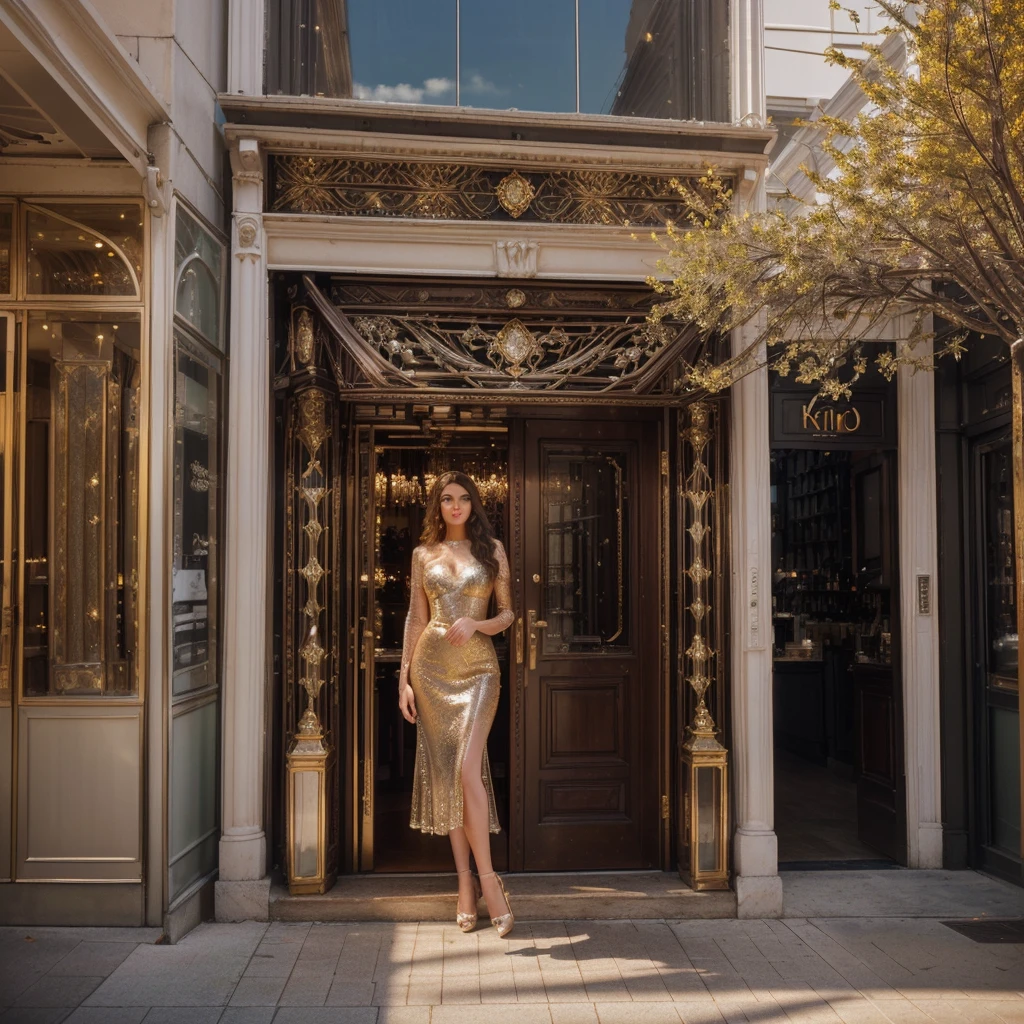 Uma mulher e um homem, em pé em frente a um restaurante com decoração de vidro, (best quality,4k,8k,highres,masterpiece:1.2),ultra-detailed,(realistic,photorealistic,photo-realistic:1.37),1girl,detailed face,detailed eyes,detailed lips,high fashion,elegant,glamorous,luxurious,intricate glass architecture,city street,natural lighting,warm color tones,cinematic composition