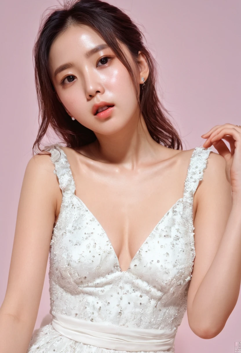 (8K、RAW Photos、Highest quality、Masterpiece: 1.2)Highest quality, masterpiece, Ultra-high resolution、1 female((masterpiece, Highest quality)),(One personで:1.2),(One girl:1.2),((32K Wallpapers, Very detailed)),,(((The perfect one and only lady))),(((portfolio,close))),(((Front face))),(((Upper Body))),((highlight)),(((One person))),(((Full face))),(((Perfect composition))),((Gradient Eye)),Sparkling.Light leakage, (((Bring your fingers to your mouth))), (((White Dress)))