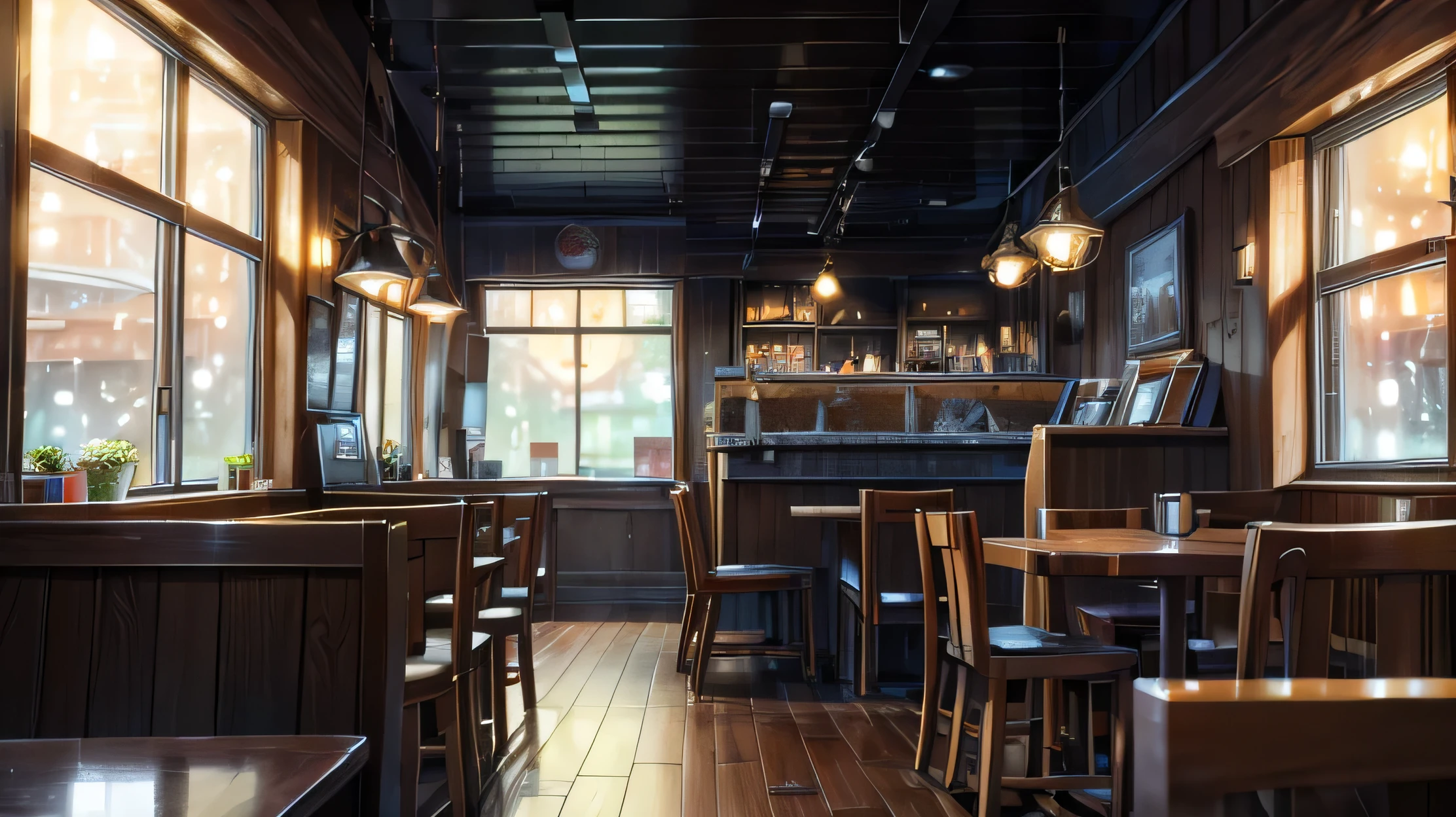 a rainy afternoon in a cozy small cafe, warm music, calm atmosphere, detailed interior, candlelight, raindrops on window, steam from coffee, bakery items, cozy armchairs, book shelves, soft lighting, wooden floors, rustic decor, (best quality,4k,8k,highres,masterpiece:1.2),ultra-detailed,(realistic,photorealistic,photo-realistic:1.37),detailed cafe interior, warm lighting, cozy ambiance, rainy day, coffee shop, atmospheric, cinematic