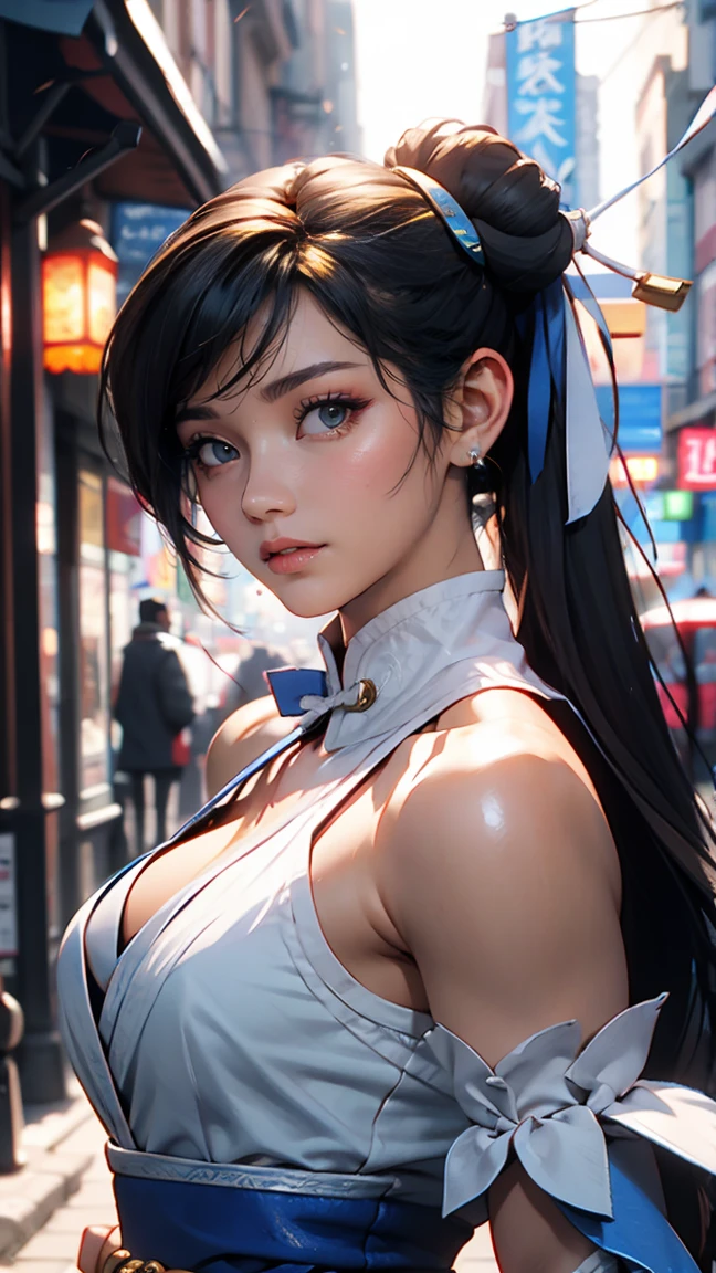 Highly detailed CG unit 8K wallpaper, masterpiece, High resolution, highest quality, highest quality real texture skin, Super Real, Digital Painting, Best image quality, 最High resolution, 8K, (((1 girl))), Very beautiful teenager, ((Highly detailed eyes and face)), Beautiful eyes in every detail, chun-li from street fighters series , white panty , fight in the streets , chinese dragon background , perfect eyes ,