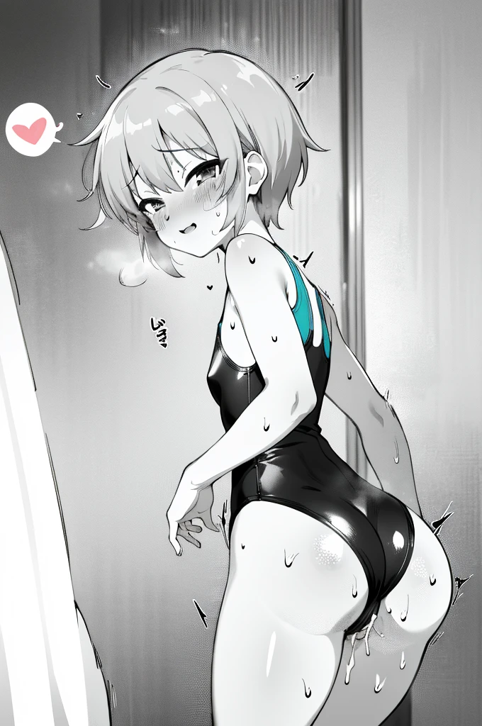 masterpiece, best quality, highres, ny1,,looking viewer,,spoken heart,,(petite), ,swimsuits,leotard,socks,expressionless,my room,(((Sweating,blush,trembling))),standing,nsfw,ass,from behind,from below,(cum:1.2)