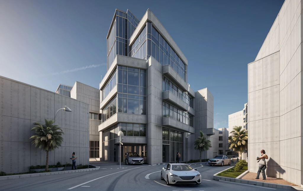 a rendering of a modern building with a car parked in front of it, architectural render, a photorealistic rendering, white wall, stone wall, clear glass, warm lighting, interior light, sunrise, blue sky, low angle dimetric rendering, architectural 3 d render, rendered in lumion pro, architectural visualization, architecture render, mantra rendering, wide angle exterior 2022, precise architectural rendering, lumion render, rendered in lumion, architectural rendering, depth of field, motion blur, vignetting, ray tracing, masterpiece, high details, high quality, best quality, highres