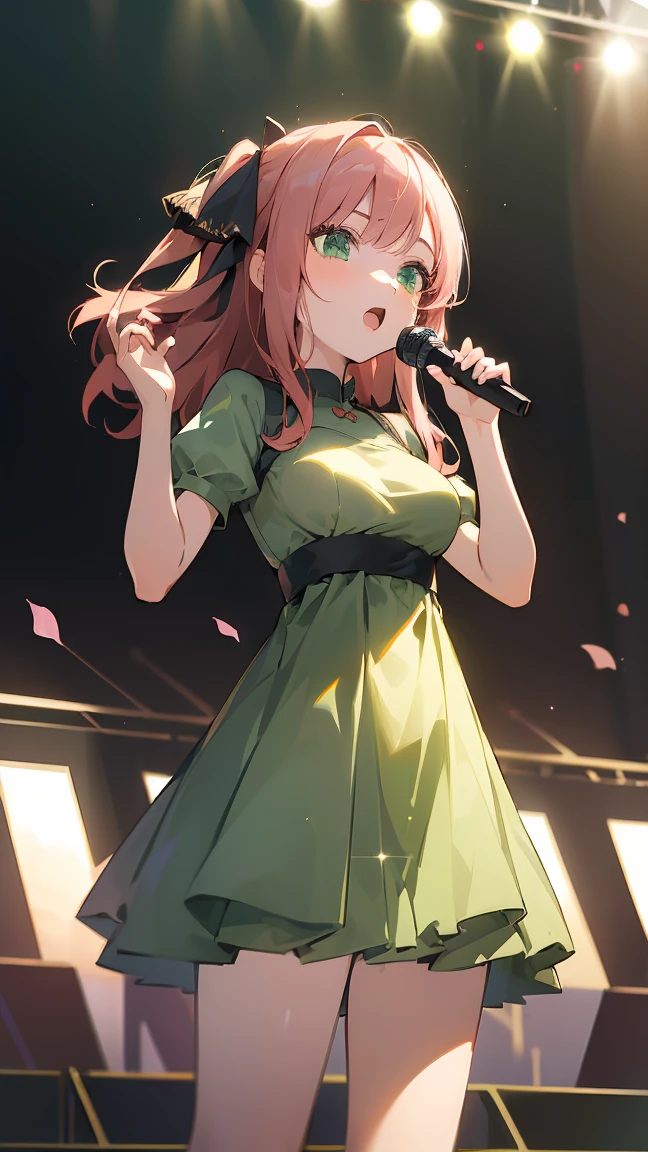 ((masterpiece, best quality)),very detailed, simple eyes, ((((outdoors,standing)))), (((green eyes))), (((medium breasts))),himari uehara, 1girl, (((kawai dress))), (((sing))), (((stage live live))), (((use microphone))),