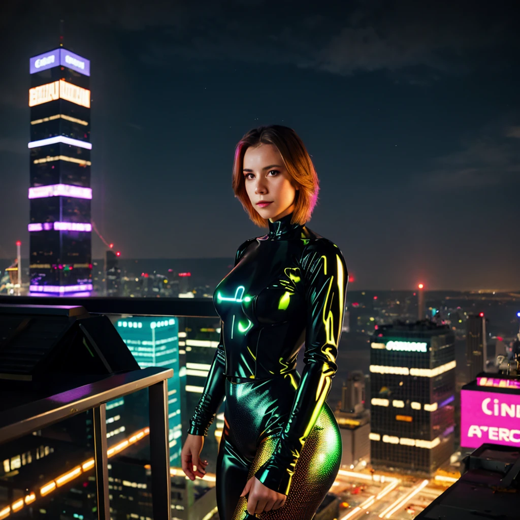 girl with glowing cybernetic implants stands atop a skyscraper, overlooking a neon-lit cyberpunk cityscape.
