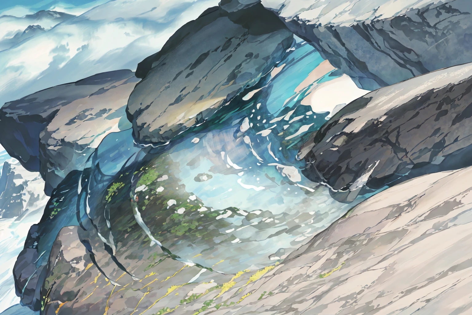 summer, rocky area, rock formation, (illustration : 1.0), Narrative composition, realistic lighting, HD detail, masterpiece, best quality best, (Highly detailed CG integrated 8k wallpaper), wide and flat rocky area, A small, sharp, rough rock at the top of the screen.