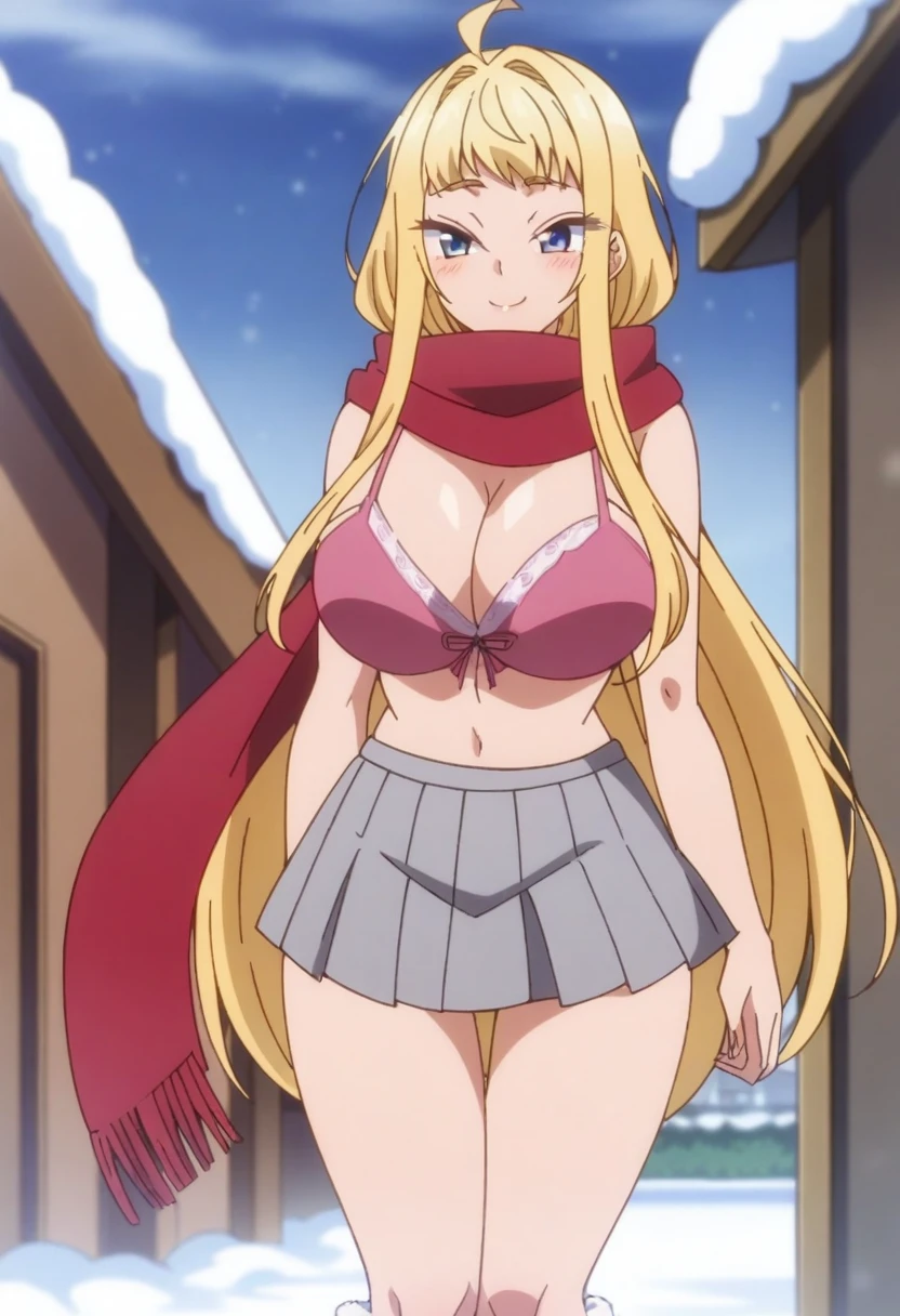 (anime art style), (cartoon), masterpiece, best quality, very aesthetic, absurdres, minamifuyuki, ((1girl)), blonde hair, long hair, sidelocks, ahoge, blue eyes, big breasts, scarf, red scarf, cleavage, bra, brown boots, fluffy boots, grey miniskirt, pleated skirt, bare arms, stomach, smile, ((feet out frame)), (from front), (snowy), (standing), (looking at viewer:1.0)