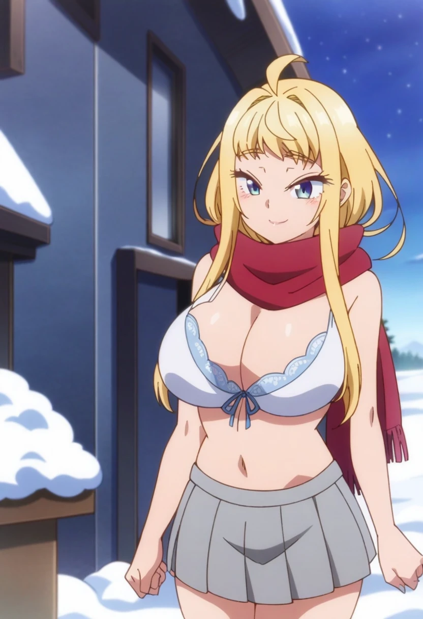 (anime art style), (cartoon), masterpiece, best quality, very aesthetic, absurdres, minamifuyuki, ((1girl)), blonde hair, long hair, sidelocks, ahoge, blue eyes, big breasts, scarf, red scarf, cleavage, bra, brown boots, fluffy boots, grey miniskirt, pleated skirt, bare arms, stomach, smile, ((feet out frame)), (from front), (snowy), (standing), (looking at viewer:1.0)