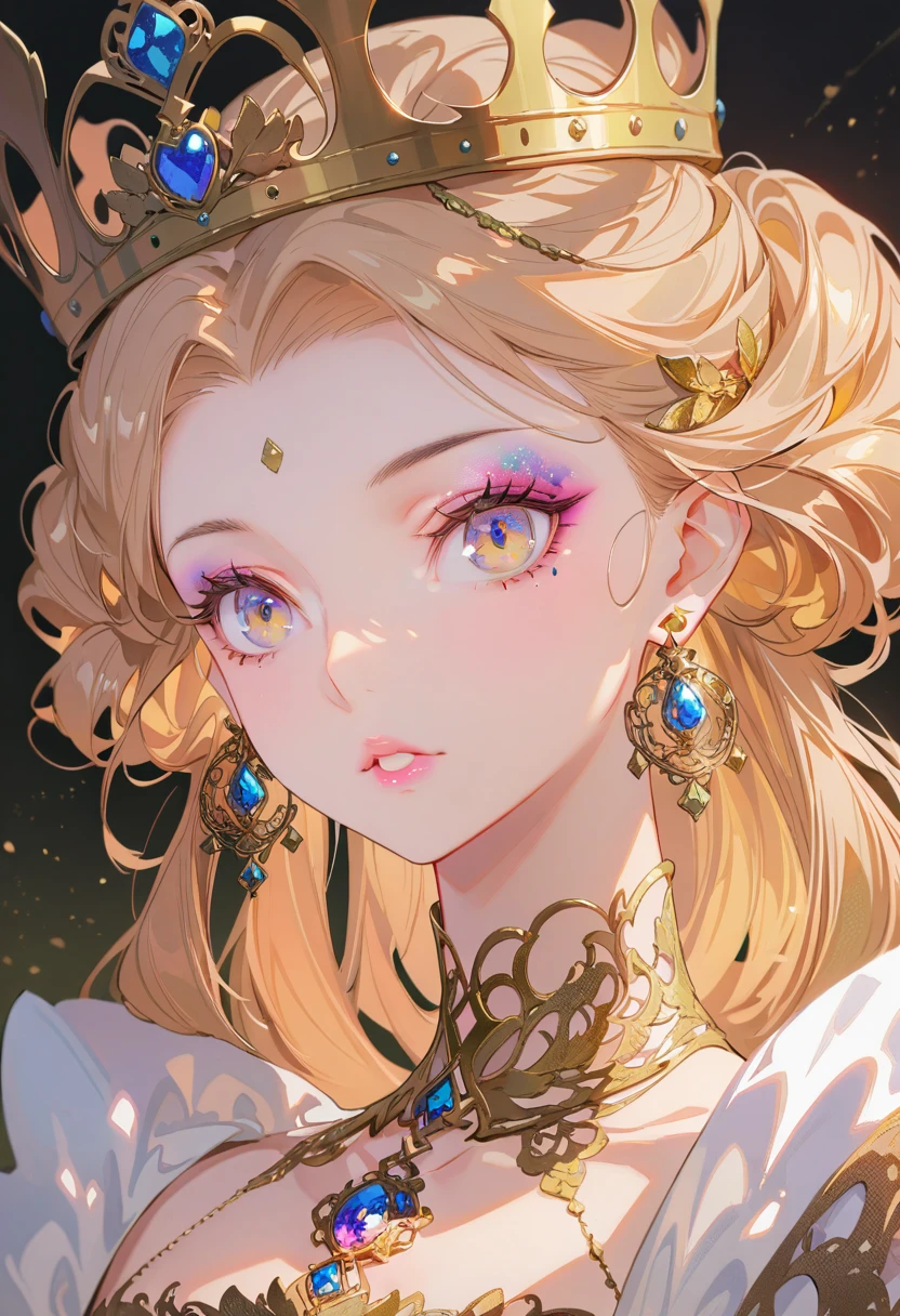 a beautiful queen, extremely detailed face, beautiful detailed eyes, beautiful detailed lips, long eyelashes, flawless skin, elaborate royal crown, ornate gold jewelry, flowing silk dress,close_up,Exquisite makeup,best quality,Amazing,masterpiece,delicate,ultra high res,ultra detailed,8K,sharp focus,(extremely detailed CG unity 8k wallpaper),