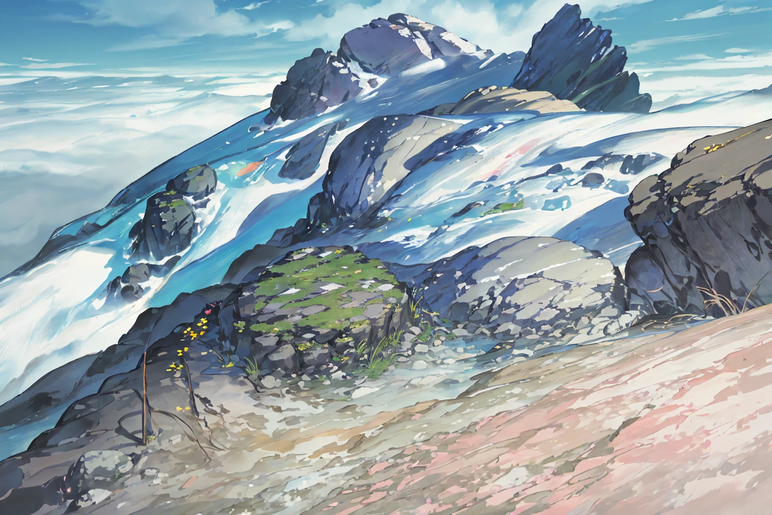 summer, rocky area, rock formation, (illustration : 1.0), Narrative composition, realistic lighting, HD detail, masterpiece, best quality best, (Highly detailed CG integrated 8k wallpaper), wide and flat rocky area, A small, sharp, rough rock at the top of the screen.