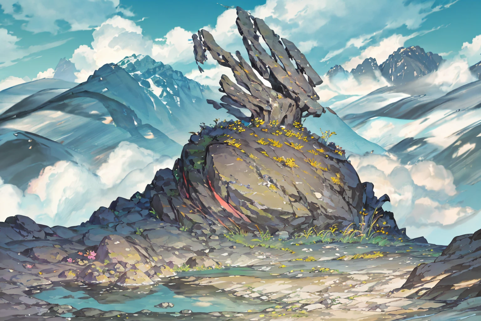 summer, rocky area, rock formation, (illustration : 1.0), Narrative composition, realistic lighting, HD detail, masterpiece, best quality best, (Highly detailed CG integrated 8k wallpaper), wide and flat rocky area, A small, sharp, rough rock at the top of the screen.