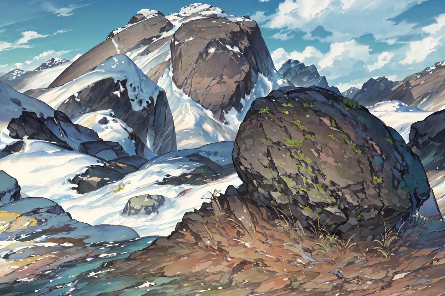 summer, rocky area, rock formation, (illustration : 1.0), Narrative composition, realistic lighting, HD detail, masterpiece, best quality best, (Highly detailed CG integrated 8k wallpaper), wide and flat rocky area, A small, sharp, rough rock at the top of the screen.