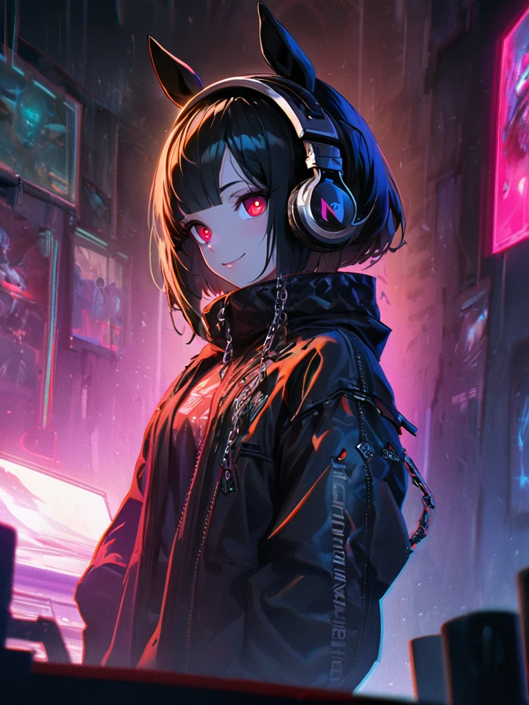 1 Girl, chromatic aberration, Written boundary depth, Soft Light, masterpiece, Highest quality, complicated, Tone Mapping, Very detailed, Art Station, Concept Art, Smooth, Clear focus, Dramatic lighting, Very detailed artwork, movie, super practical painting, Art Station's trending, 8K, Incredible Shadows, practical, (Very detailed background:1.0), whole body, View, Viewers, Very detailed portrait of one girl 1, standing on street corner, Heavy rain and lightning、dark sky, neon and cyber punk background, she is dressed in punk clothing with silver chains and silver spikes, Her hair was dyed a bright black color.，The middle part is black, She is wearing headphones, Detailed red eyes with clear pupils, Ominous aura of light, smile, punk, ciber punk, Backlight.Has horse ears、No knowledge of horses&#39;tail、The outfit is cute