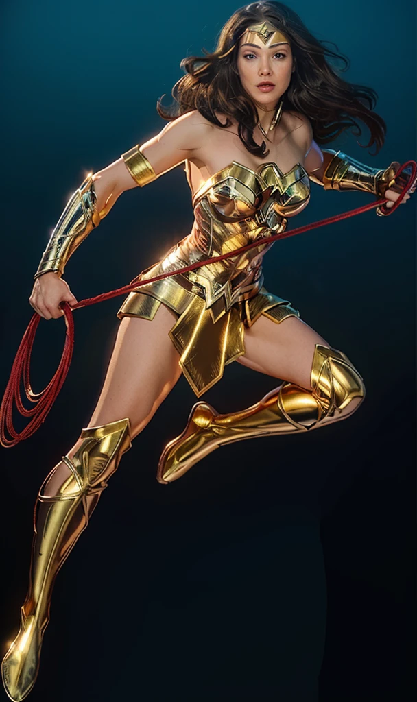 The actress Kate Moss playing the character Wonder Woman flying in the skies,holding the golden and shiny rope, Holding your shiny golden bow, perfect costume, soft curves, bright blue eyes and gorgeous