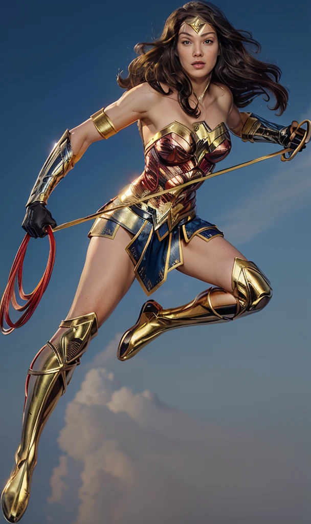 The actress Kate Moss playing the character Wonder Woman flying in the skies,holding the golden and shiny rope, Holding your shiny golden bow,   perfect costume, soft curves, bright blue eyes and gorgeous 