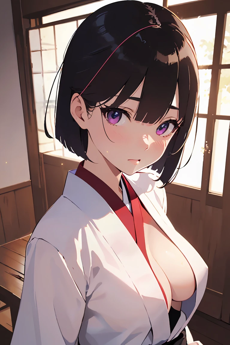 masterpiece, absurdres, best quality, ultra detailed, high Resolution, detailed illustration, bright colour, (extremely beautiful detailed face and eyes, Delicate beautiful face, 1 girl, cute face:1.3), (magenta eyes:1.1), sparkling eyes, big eyes, medium breasts, (perky breasts:1.1), (pointy breasts:1.1), medium hips, glamorous body, white skin, BREAK, long bob cut, (blonde hair:0.8), messy hair, detailed hair, shiny hair, BREAK (undressed Kyudo uniform, Panties:1.3), perfect lighting, (embarrassed:1.3), (ecstasy, vulgarity:1.5), (trembling:0.8), Kyudo hall,