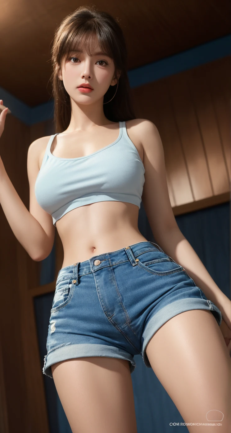 Girl in white bra and tight denim skirt posing for photo, full body, legs spread, with cut T-shirt, slim body, big bust, slim girl model, 24-year-old female model, lying on the construction site, a group of black men onlooking