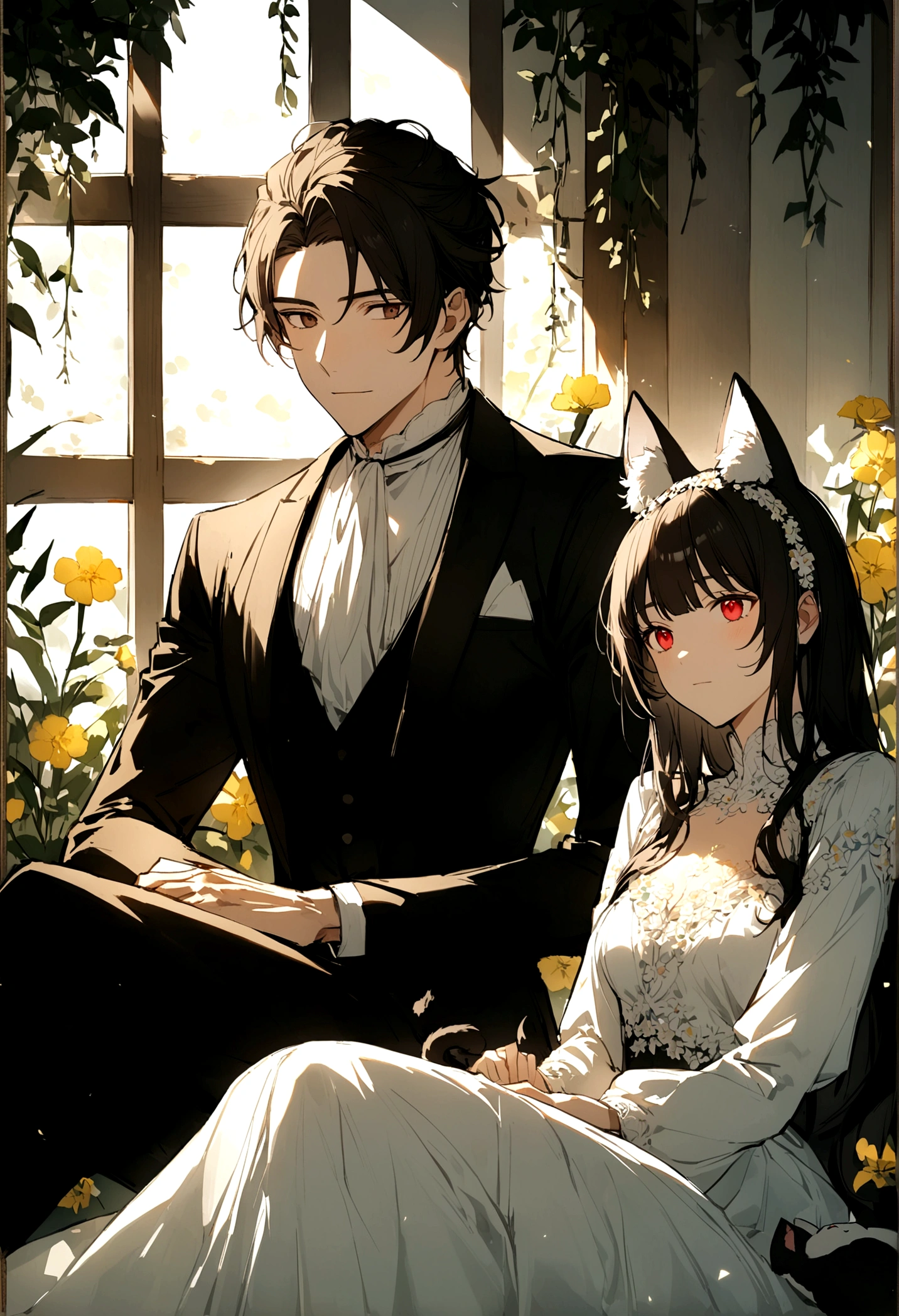 a handsome man who looks like a white fox who has red eyes, sitting together with a beautiful brown-eyed girl with long black hair, who looks like a cat,they were in the meadow flower garden