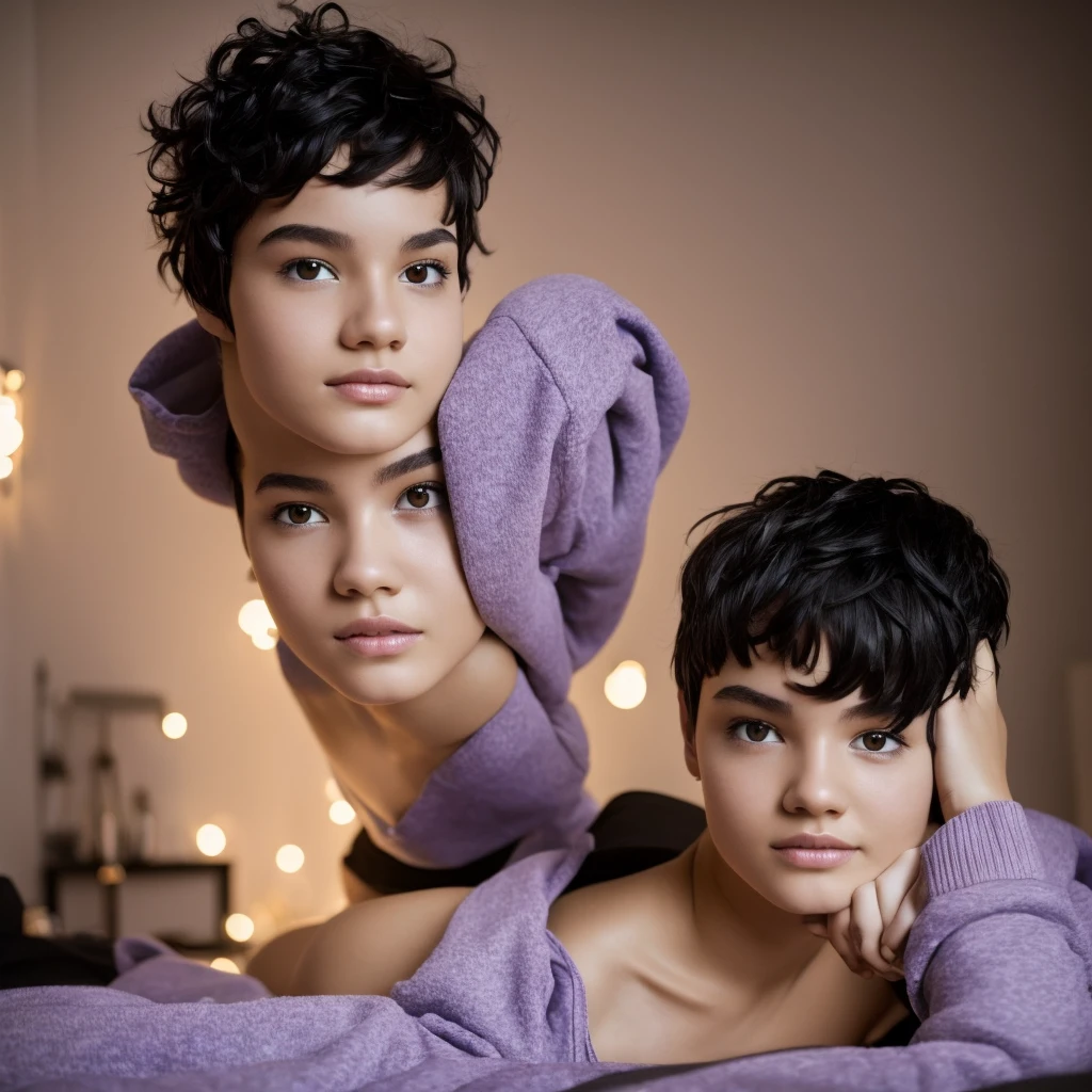 best qualityer, work of art, high resolution,girl with short purple hair brown eyes with black sweatshirt,bedroom with led,no bad quality,no disfigurement