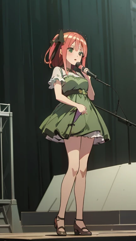 ((masterpiece, best quality)),very detailed, simple eyes, ((((outdoors,standing)))), (((green eyes))), (((medium breasts))),himari uehara, 1girl, (((kawai dress))), (((sing))), (((stage live live))), (((use microphone))),, nakano nino