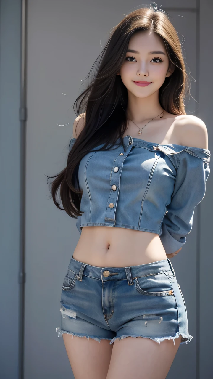 1girl,early teen,fair_skin,makeup,absurdres,light smile,realistic,cowboy_shot,facing viewer,solo,big chest,leg seams,exposed vagina,long hair,(arms_behind_back:1.3),huge filesize,clothes_down,micro_shorts,