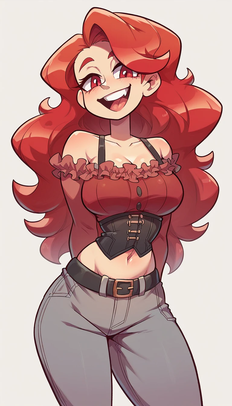 In anime, a tall woman, huge, happy, big breast, sexy, beauty, tenderness, wavy red hair, her light red eye, big black eyelash, dresses in a bright red corset top, shows her navel, and gray pants, wearing a black belt, and a brown boot.