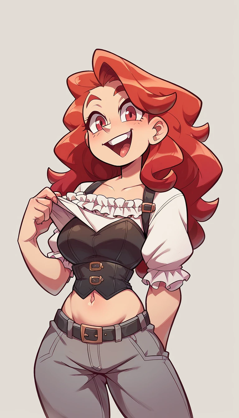 a tall woman huge happy sexy beauty tenderness wavy red hair her light red eye big black eyelash dresses bright red corset top shows navel and gray pants wearing black belt brown boot