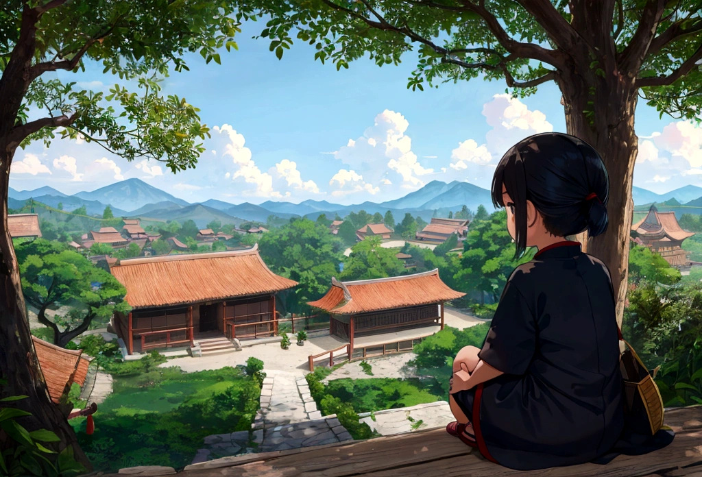 A small child from a Chinese village (viewed from behind) sat in the shade of a large tree at the village entrance, gazing at the distant mountains and dreaming about the world they would explore when they grew up.