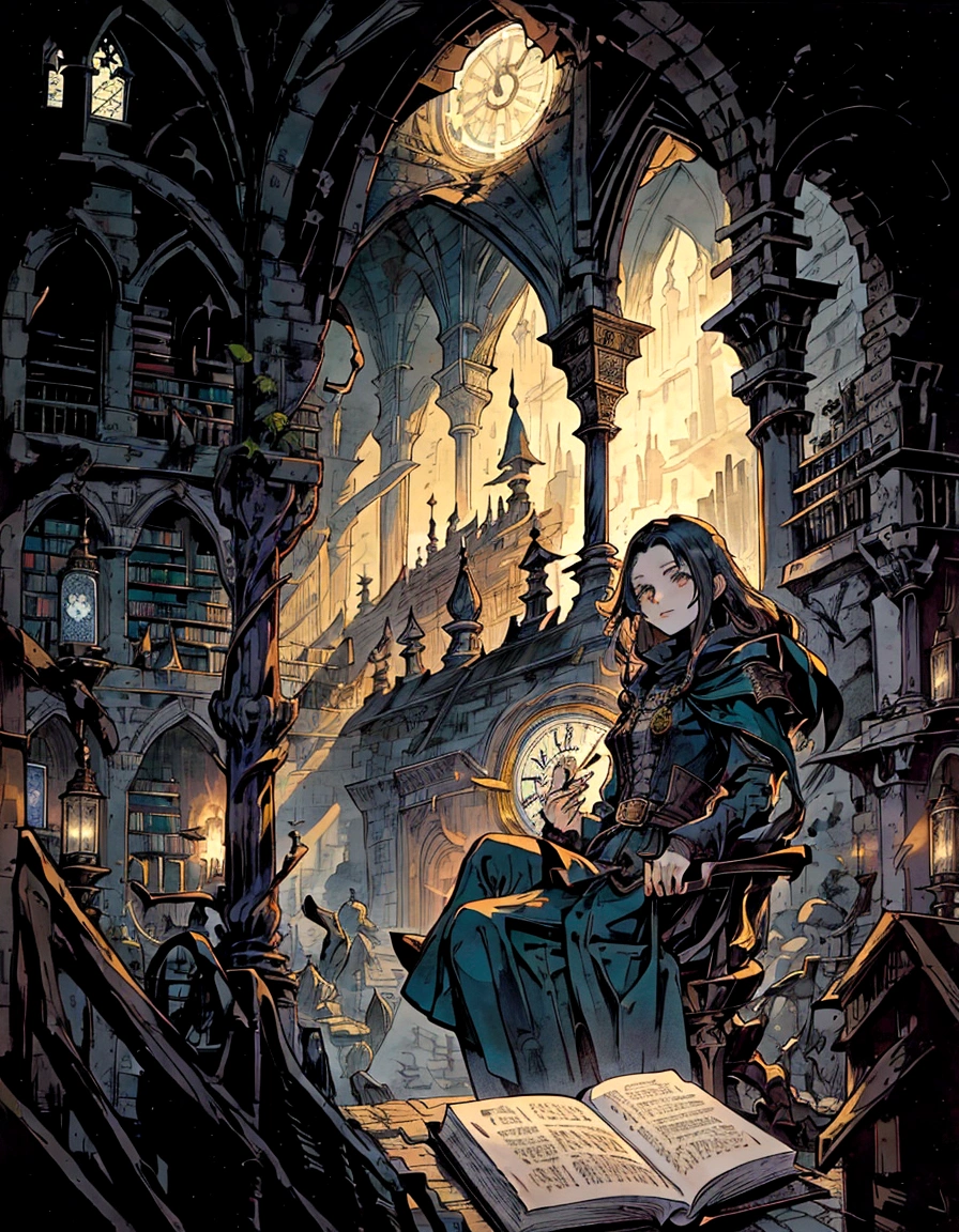 a tree in a library with a clock on the wall, gothic epic library, gothic library, gothic epic library concept, ancient library, magical environment, an eternal library, magic library, dark library, castle library, gloomy library, library background, old library, dusty library, grand library, intricate and epic composition, borne space library artwork, background = library, fantasy tree