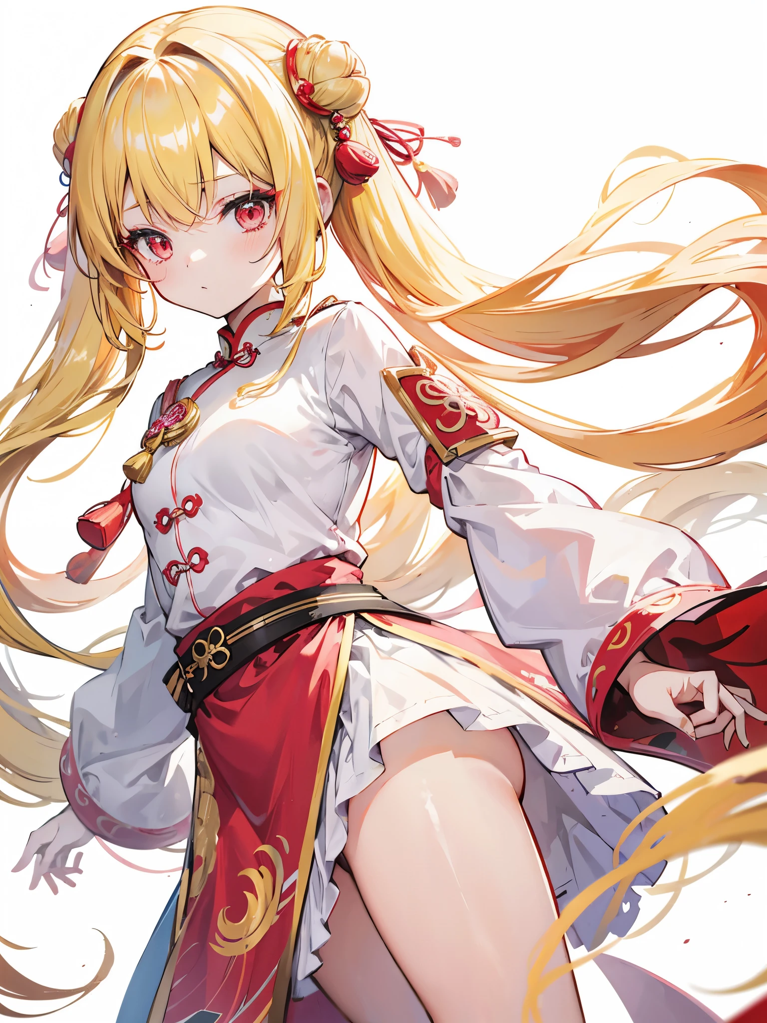 Beige Hair、Half Twin Tail、Very long hair、Shiny Hair、high quality、Red eyes、Anime girl in Chinese clothing, an anime drawing by Puru, Pixiv, Rasquash, , change in dress, Enchanting anime girl, change, Anime Style, blonde anime girl with long hair, Anime Best Girl, top rated on Pixiv, Anime Goddess、Simple Background、White Background、Plain