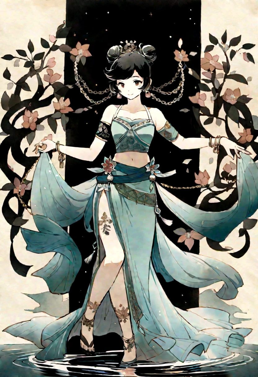 A Chinese beauty dancing on the water, Gorgeous clothing with exquisite embroidery, Flowing tulle, Long transparent colored ribbon tied around the arm, Inspired by the Dunhuang Flying Apsaras murals, Show your belly button, Bare shoulders, bare neck, Black curly hair，High bun，Hairpin with flowers, Ribbon on armband, wreath, bracelet, Anklets, Metal chain tassels at waist, Mogao Grottoes Art, Ink Painting, cgstation pop music