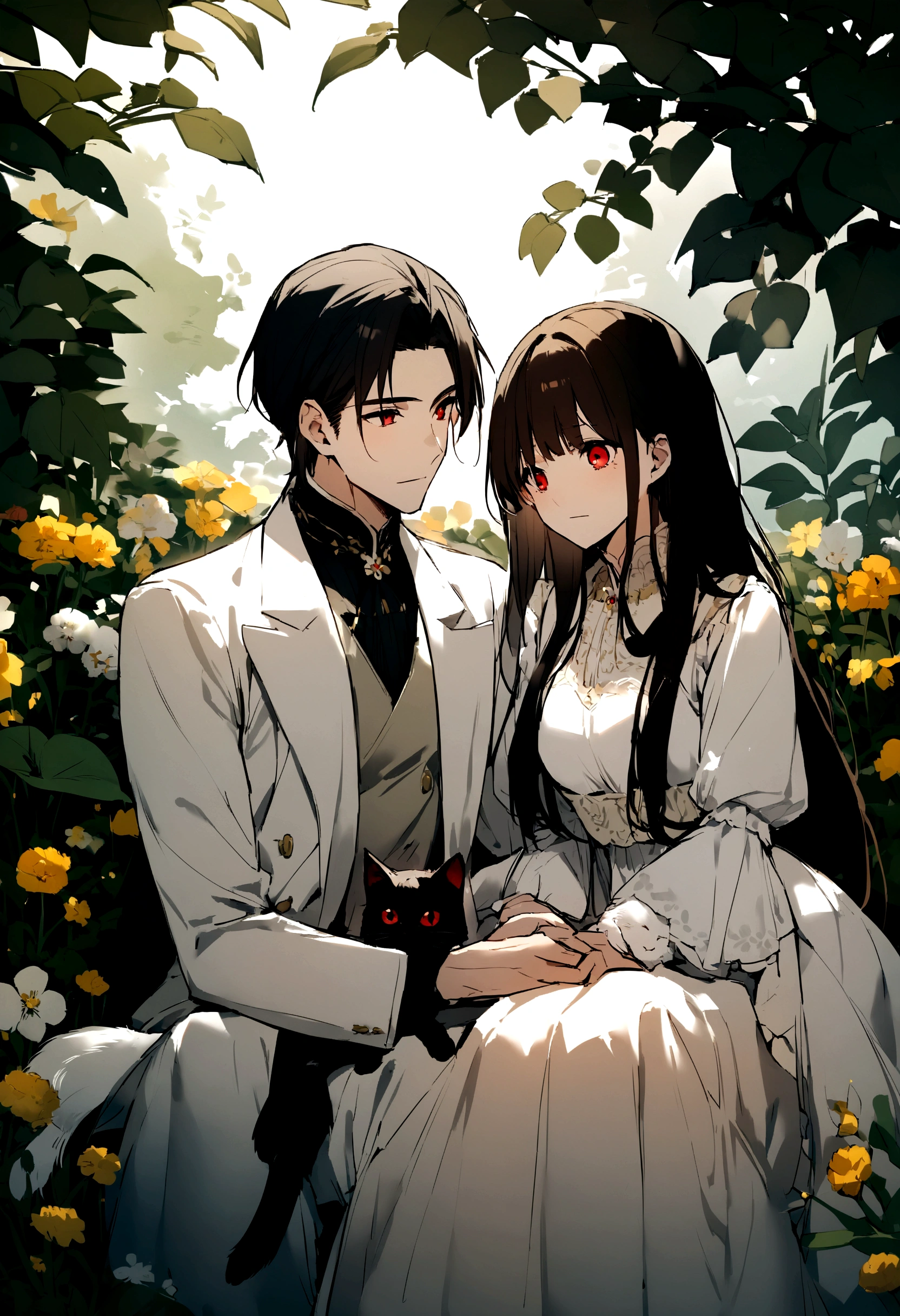 a handsome man who looks like a white fox who has red eyes, sitting together with a beautiful brown-eyed girl with long black hair, who looks like a cat,they were in the meadow flower garden