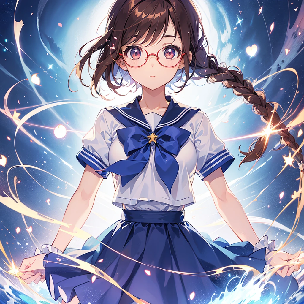 1girl, magical girl, transformation scene, glasses, brown eyes, long brown hair in single braid, sailor uniform with blue collar and skirt, red neckerchief, shimmering light particles enveloping the girl's body, (large breasts), large buttocks, voluptuous, bright beams of light in the background
