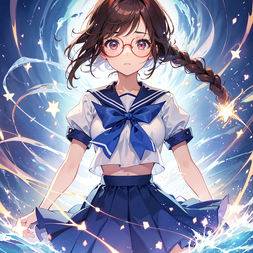 1girl, magical girl, transformation scene, glasses, brown eyes, long brown hair in single braid, sailor uniform with blue collar and skirt, red neckerchief, shimmering light particles enveloping the girl's body, (large breasts), large buttocks, voluptuous, bright beams of light in the background