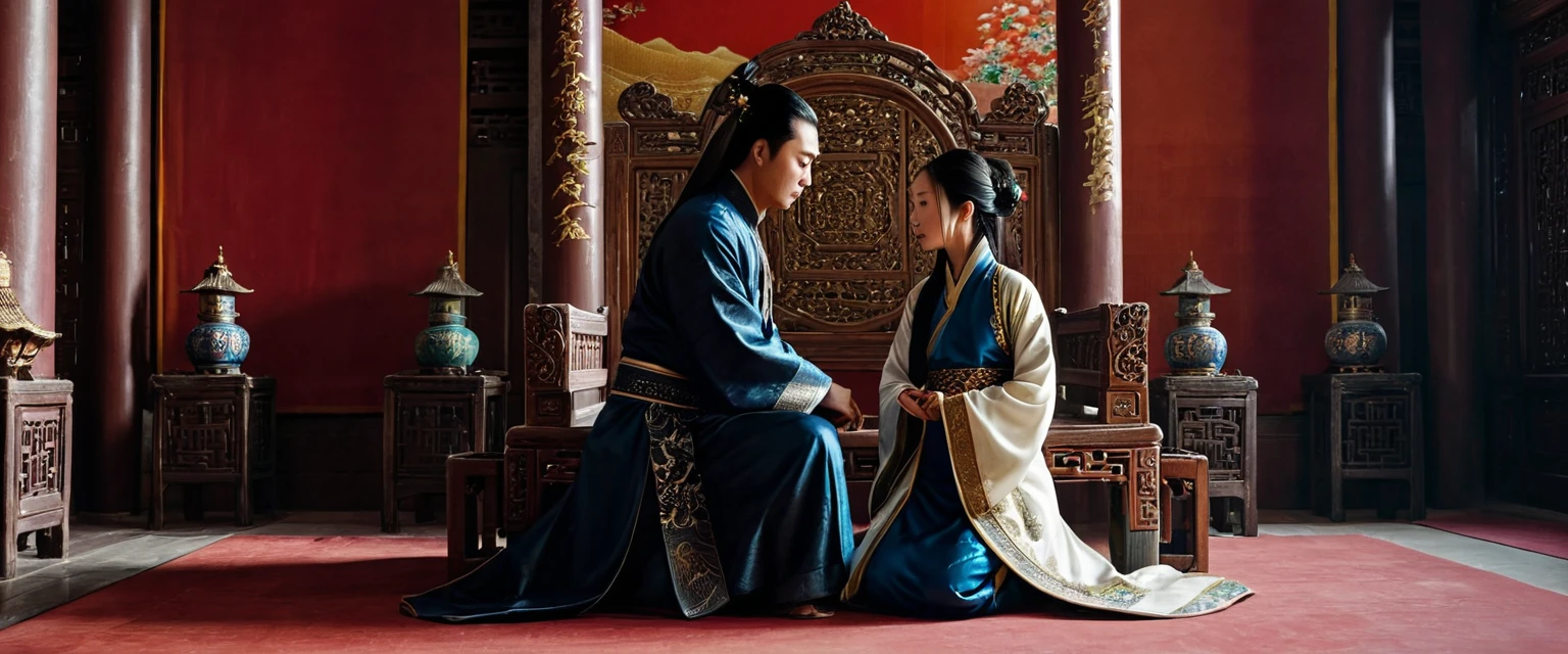 score_9, score_8_up, score_7_up, source_photo, photography, realistic, rating safe, from side, cinematic lighting, ultra detailed, absurdity, 1girl, Wu Zetian, sitting on Throne, Chinese Palace, hands on knees, looking at boy, long hair, black hair, 1boy, old man is kneeling and prostrating, masterpiece, 8K, 
