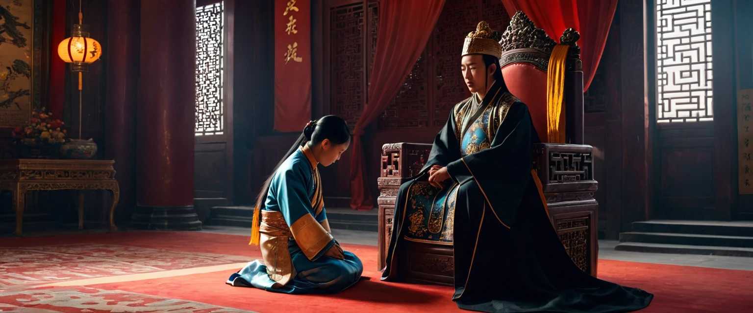 score_9, score_8_up, score_7_up, source_photo, photography, realistic, rating safe, from side, cinematic lighting, ultra detailed, absurdity, 1girl, Wu Zetian, sitting on Throne, Chinese Palace, hands on knees, looking at boy, long hair, black hair, 1boy, old man is kneeling and prostrating, masterpiece, 8K,