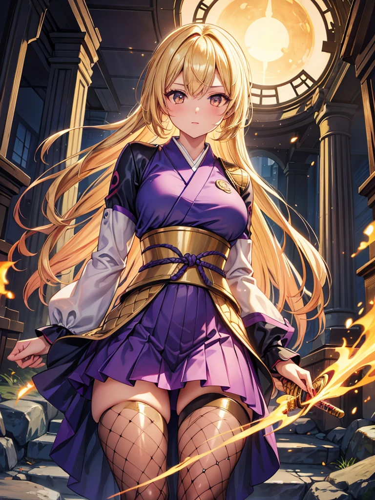 (Highest quality)), ((Masterpiece)), (Familiar), Perfect face, glossy skin, beautiful breasts, how, shiny skin, Kyoto animation style painting, blonde hair, golden eyes, tanned skin, night, Holding a Japanese sword, ruins, fighting posture, fishnet tights, knitting hair, spats, inside, Kunoichi's clothes, purple clothes, golden aura, golden mist, shock wave