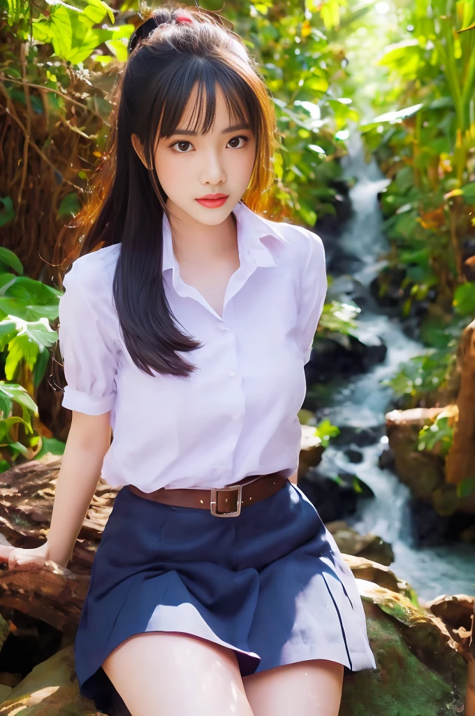 MagMix Girl a beautiful old thai girl ,student girl thai, whit shirt, navi blue skirt, long hair with bangs, sitting in the sun,big , big ass, showing panties, hand bra, forest waterfall, extremely detailed, photorealistic, 8k, HDR, studio lighting, vivid colors, warm color tones, natural lighting, detailed facial features, high quality, intricate details, realistic skin texture, lush foliage, cascading waterfall, peaceful atmosphere, background forest Thailand 