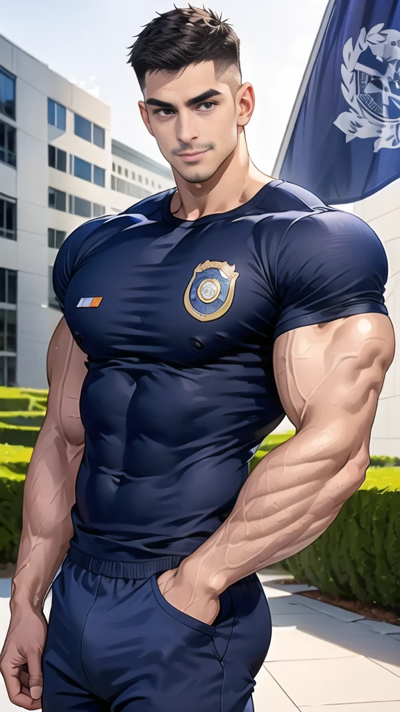 (handsome Man),(Thin mustache:1.1),(crew cut short hair:1.5),black eye,
(navy blue tight-fitting round neck short sleeve T-shirt:1.3),(Police badge:1.3),navy blue cargo pants,(navy_gloves:1,3),
Korean guy,chest muscles,large arm muscles,blood vessel,Big muscles,Broad shoulders,(open mouth:1.2),(face up:1.2),(open eyes:1.5),middle of the road,smile,(City town:1.4),